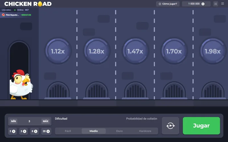 Chicken Road demo en español: panel con Jugar, Dificultad y Probabilidad de colisión