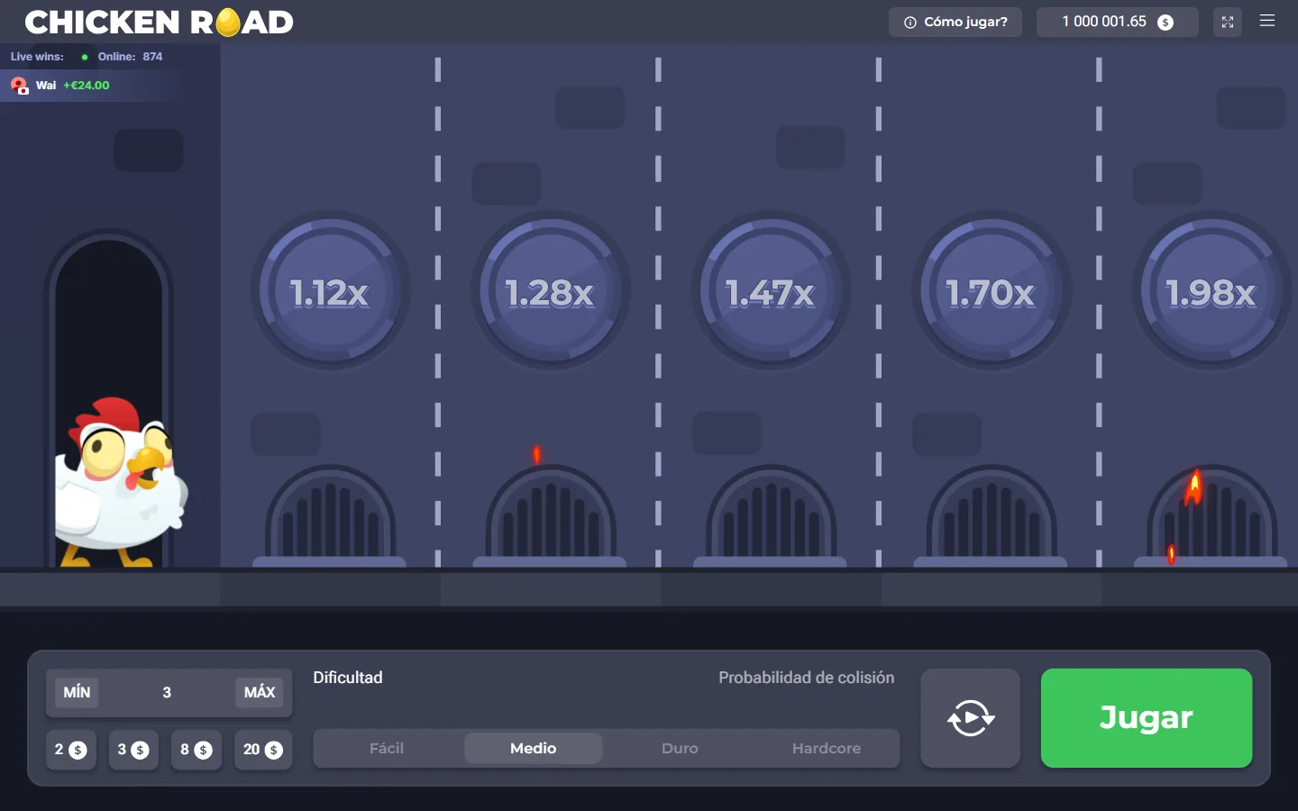 Chicken Road: cliente oficial en español, nivel Medio, gallina en la salida y botón Jugar